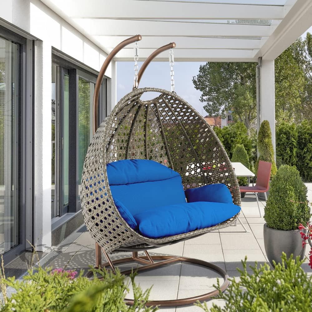 Leisuremod Beige 2 Person Hanging Double Swing Chair, X-Large Wicker Rattan Egg Chair With Stand And Cushion For Indoor Outdoor Patio Garden (Blue)