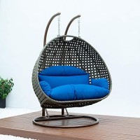 Leisuremod Beige 2 Person Hanging Double Swing Chair, X-Large Wicker Rattan Egg Chair With Stand And Cushion For Indoor Outdoor Patio Garden (Blue)