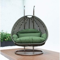 Leisuremod Beige 2 Person Hanging Double Swing Chair, X-Large Wicker Rattan Egg Chair With Stand And Cushion For Indoor Outdoor Patio Garden (Dark Green)