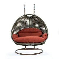 Leisuremod Beige 2 Person Hanging Double Swing Chair, X-Large Wicker Rattan Egg Chair With Stand And Cushion For Indoor Outdoor Patio Garden (Dark Orange)