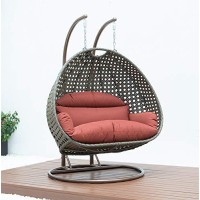 Leisuremod Beige 2 Person Hanging Double Swing Chair, X-Large Wicker Rattan Egg Chair With Stand And Cushion For Indoor Outdoor Patio Garden (Dark Orange)