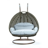 Leisuremod Beige 2 Person Hanging Double Swing Chair, X-Large Wicker Rattan Egg Chair With Stand And Cushion For Indoor Outdoor Patio Garden (Light Grey)