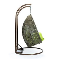 Leisuremod Beige 2 Person Hanging Double Swing Chair, X-Large Wicker Rattan Egg Chair With Stand And Cushion For Indoor Outdoor Patio Garden (Light Green)