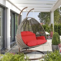 Leisuremod Beige 2 Person Hanging Double Swing Chair, X-Large Wicker Rattan Egg Chair With Stand And Cushion For Indoor Outdoor Patio Garden (Red)
