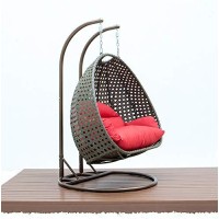 Leisuremod Beige 2 Person Hanging Double Swing Chair, X-Large Wicker Rattan Egg Chair With Stand And Cushion For Indoor Outdoor Patio Garden (Red)