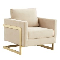 Leisuremod Lincoln Modern Mid-Century Upholstered Velvet Accent Arm Chair With Gold Frame, Beige