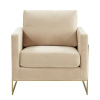 Leisuremod Lincoln Modern Mid-Century Upholstered Velvet Accent Arm Chair With Gold Frame, Beige