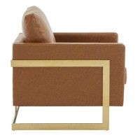 Leisuremod Lincoln Modern Mid-Century Upholstered Leather Accent Armchair With Gold Frame, Cognac Tan