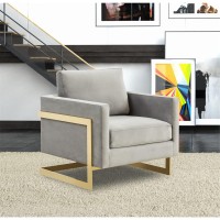 Leisuremod Lincoln Modern Mid-Century Upholstered Velvet Accent Arm Chair With Gold Frame, Light Grey