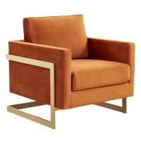 Leisuremod Lincoln Modern Mid-Century Upholstered Velvet Accent Arm Chair With Gold Frame, Orange Marmalade