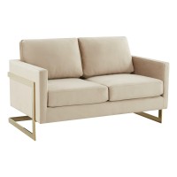 Leisuremod Lincoln Modern Mid-Century Upholstered Velvet Loveseat With Gold Frame, Beige