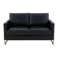 Leisuremod Lincoln Modern Mid-Century Upholstered Leather Loveseat With Gold Frame, Black