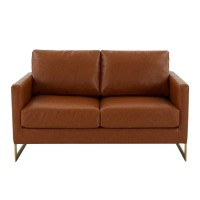 Leisuremod Lincoln Modern Mid-Century Upholstered Leather Loveseat With Gold Frame, Cognac Tan