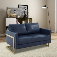 Leisuremod Lincoln Modern Mid-Century Upholstered Leather Loveseat With Gold Frame, Navy Blue