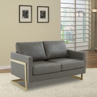 Leisuremod Lincoln Modern Mid-Century Upholstered Leather Loveseat With Gold Frame, Grey