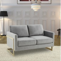 Leisuremod Lincoln Modern Mid-Century Upholstered Velvet Loveseat With Gold Frame, Light Grey