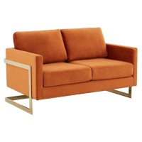 Leisuremod Lincoln Modern Mid-Century Upholstered Velvet Loveseat With Gold Frame, Orange Marmalade