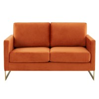 Leisuremod Lincoln Modern Mid-Century Upholstered Velvet Loveseat With Gold Frame, Orange Marmalade
