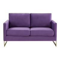Leisuremod Lincoln Modern Mid-Century Upholstered Velvet Loveseat With Gold Frame, Purple