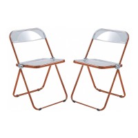 Leisuremod Lawrence Modern Transparent Acrylic Folding Chair With Metal Frame Set Of 2 (Orange)