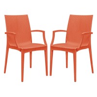 Leisuremod Hickory Weave Indoor Outdoor Patio Dining Side Armchair, Set Of 2 (Orange)