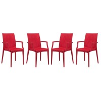 Leisuremod Modern Weave Design Mace Indoor/Outdoor Dining Chair With Arms (Set Of 4), Red
