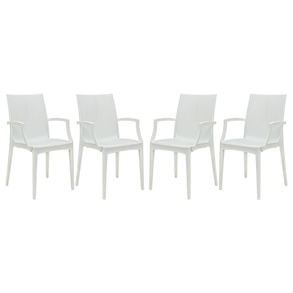 Leisuremod Hickory Weave Indoor Outdoor Patio Dining Side Armchair Set Of 4 (White)