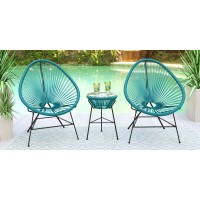 Leisuremod Montara Modern 3 Piece Outdoor Acapulco Lounge Patio Set With Glass Top Table, Blue