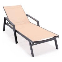 Leisuremod Marlin Armrests Poolside Outdoor Patio Lawn And Garden Modern Aluminum Suntan Sling Chaise Lounge Chair, Light Brown
