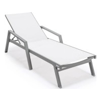 Leisuremod Marlin Armrests Poolside Outdoor Patio Lawn And Garden Modern Aluminum Suntan Sling Chaise Lounge Chair, White