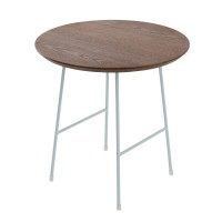 Leisuremod Rossmore Mid Century Modern Round Side White Powder Coated Steel Frame, Mdf Wood With Ash Veneer Top End Circular Accent Table For Living Room And Bedroom, Walnut