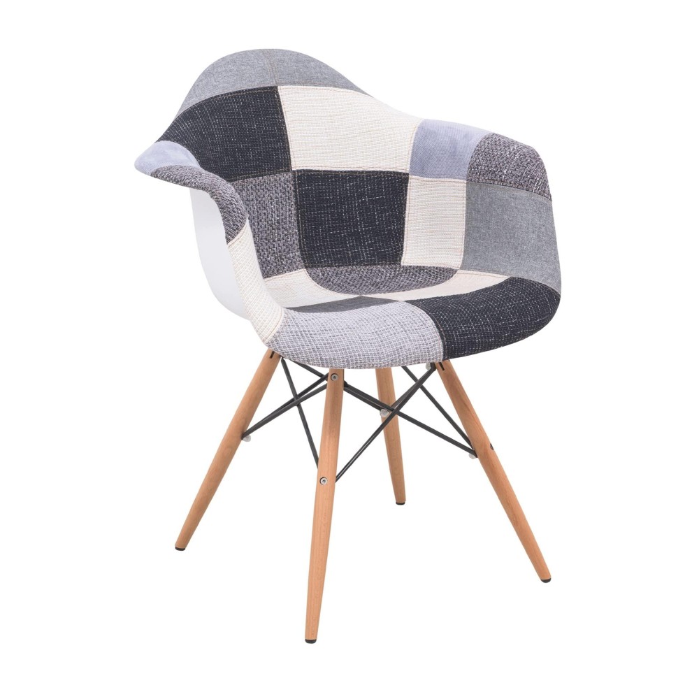 Leisuremod Willow Mid-Century Fabric Eiffel Wooden Base Accent Side Armchair (Patchwork)