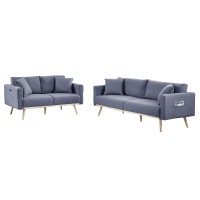 Lilola Home Easton Dark Gray Linen Fabric Sofa Loveseat Living Room Set With Usb Charging Ports Pockets & Pillows
