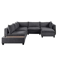 Lilola Home Madison Dark Gray Fabric 7 Piece Modular Sectional Sofa Chaise With Usb Storage Console Table