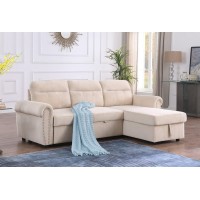 Lilola Home Ashton Beige Velvet Fabric Reversible Sleeper Sectional Sofa Chaise