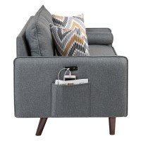 Mia Mid-Century Modern Gray Linen Loveseat Couch With Usb Charging Ports & Pillows