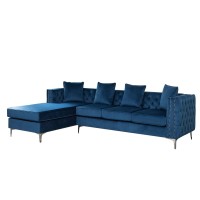 Lilola Home Ryan Deep Blue Velvet Reversible Sectional Sofa Chaise With Nail-Head Trim