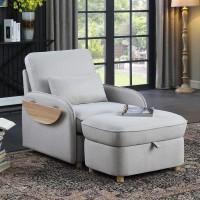 Lilola Home Huckleberry Light Gray Linen Accent Chair With Storage Ottoman And Folding Side Table