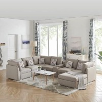 Lucy Beige Fabric Reversible Modular Sectional Sofa With Usb Console And Ottoman