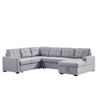 Lilola Home Selene Light Gray Linen Fabric Sleeper Sectional Sofa With Storage Chaise