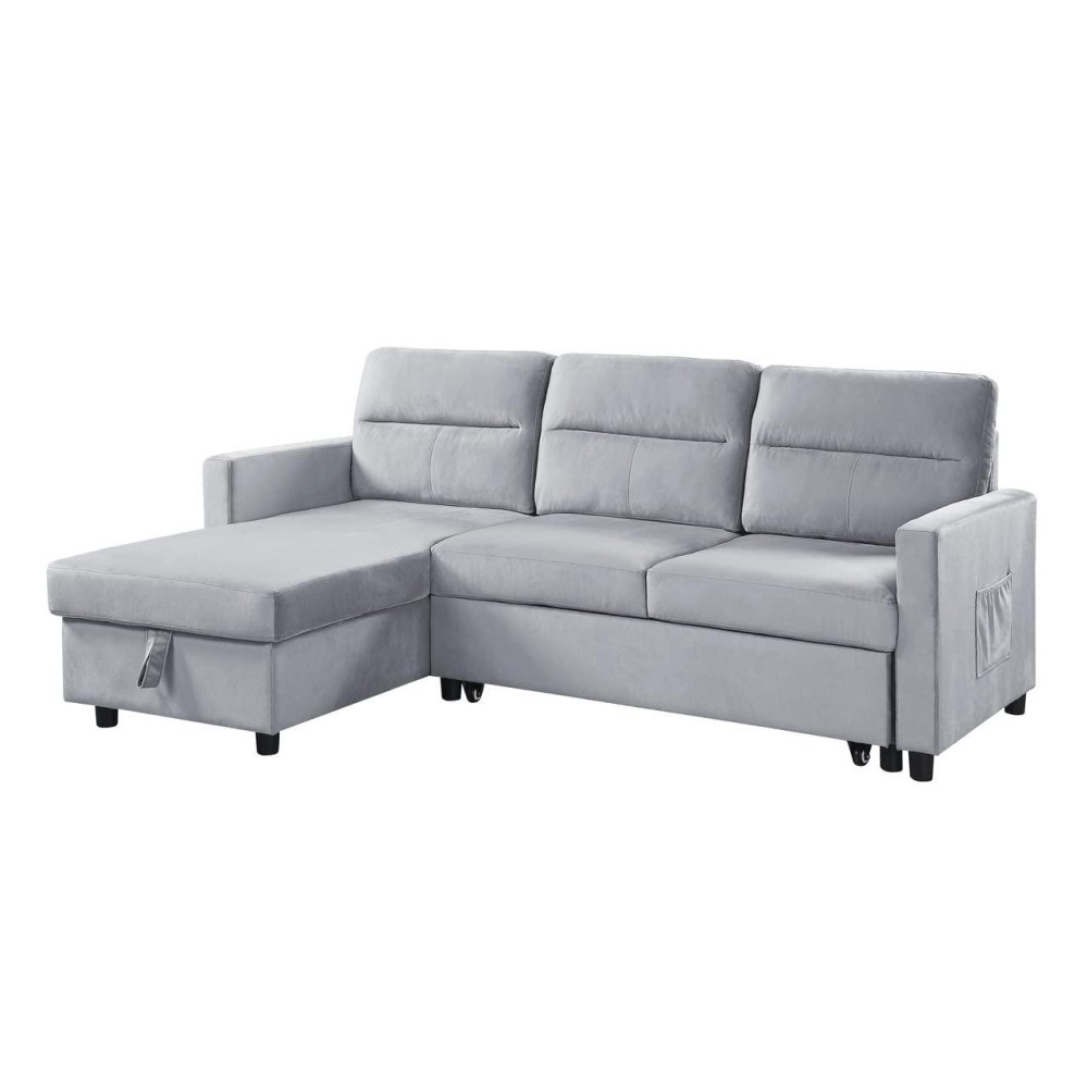 Lilola Home Ivy Light Gray Velvet Reversible Sleeper Sectional Sofa With Storage Chaise And Side Pocket