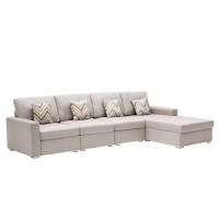 Lilola Home Nolan Beige Linen Fabric 4Pc Reversible Sectional Sofa Chaise With Pillows And Interchangeable Legs
