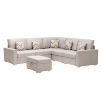 Lilola Home Nolan Beige Linen Fabric 6Pc Reversible Sectional Sofa With Pillows, Storage Ottoman, And Interchangeable Legs