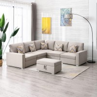 Lilola Home Nolan Beige Linen Fabric 6Pc Reversible Sectional Sofa With Pillows, Storage Ottoman, And Interchangeable Legs