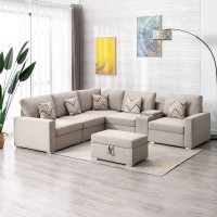 Lilola Home Nolan Beige Linen Fabric 7Pc Reversible Sectional Sofa With Interchangeable Legs, Pillows, Storage Ottoman, And A Usb, Charging Ports, Cupholders, Storage Console Table