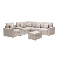 Lilola Home Nolan Beige Linen Fabric 7Pc Reversible Sectional Sofa With Interchangeable Legs, Pillows, Storage Ottoman, And A Usb, Charging Ports, Cupholders, Storage Console Table
