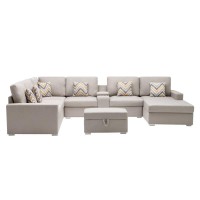 Lilola Home Nolan Beige Linen Fabric 8Pc Reversible Chaise Sectional Sofa With Interchangeable Legs, Pillows, Storage Ottoman, And A Usb, Charging Ports, Cupholders, Storage Console Table