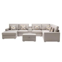 Lilola Home Nolan Beige Linen Fabric 8Pc Reversible Chaise Sectional Sofa With Interchangeable Legs, Pillows, Storage Ottoman, And A Usb, Charging Ports, Cupholders, Storage Console Table