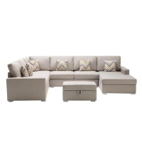 Lilola Home Nolan Beige Linen Fabric 7Pc Reversible Chaise Sectional Sofa With Interchangeable Legs, Pillows And Storage Ottoman