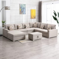 Lilola Home Nolan Beige Linen Fabric 7Pc Reversible Chaise Sectional Sofa With Interchangeable Legs, Pillows And Storage Ottoman
